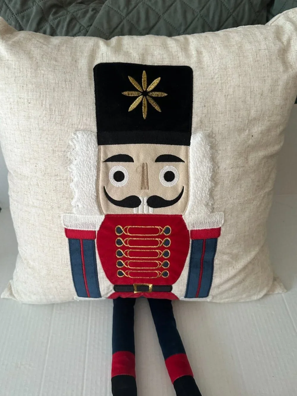 Christmas Nutcracker Soldier Throw Pillow Dangling Legs Applique Embroidered Dec